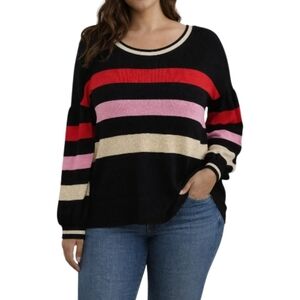 Embossed multi colored knit striped puff sleeve sweater Size Large EUC